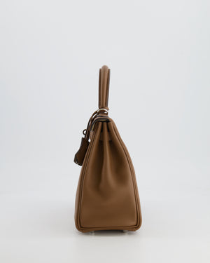 Hermès Kelly 25cm Retourne Verso Bag in Biscuit Swift Leather with Gris Tourterelle Interior and Palladium Hardware