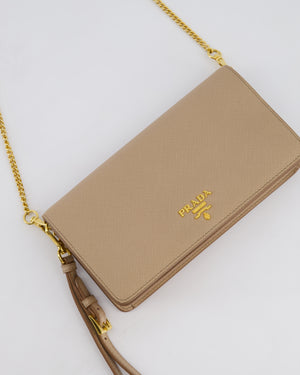 Prada Beige Saffiano Leather Wallet On Chain with Gold Hardware