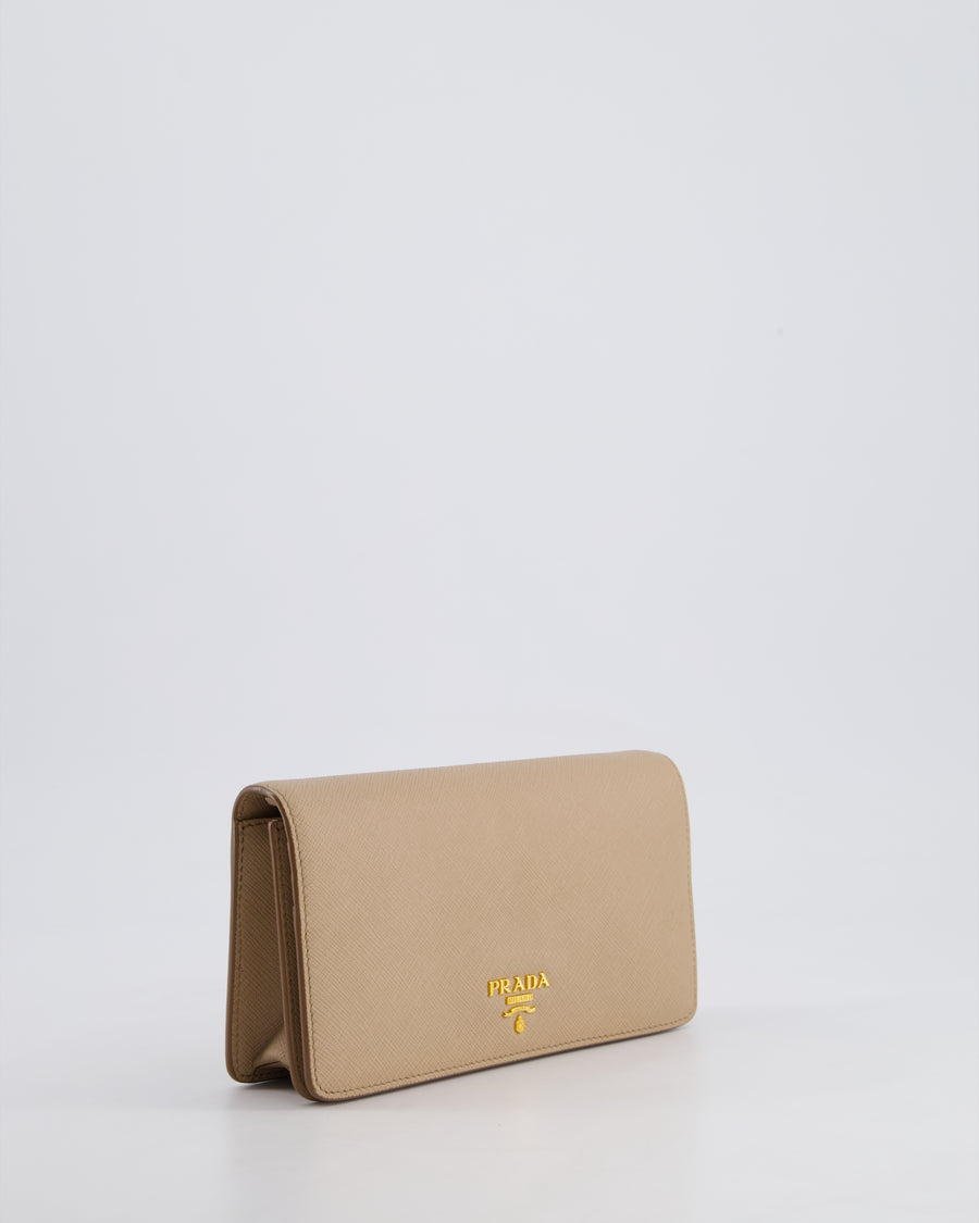 Prada Beige Saffiano Leather Wallet On Chain with Gold Hardware