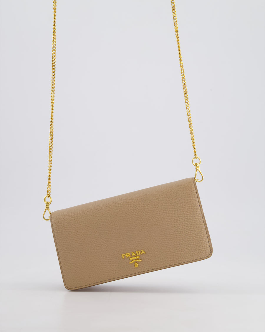 Prada Beige Saffiano Leather Wallet On Chain with Gold Hardware