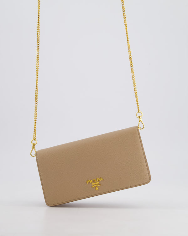 Prada Beige Saffiano Leather Wallet On Chain with Gold Hardware