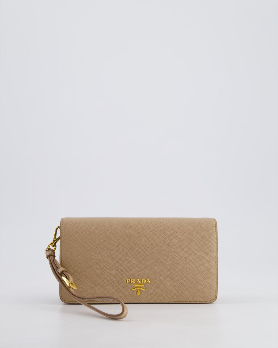 Prada Beige Saffiano Leather Wallet On Chain with Gold Hardware