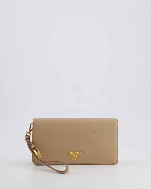 Prada Beige Saffiano Leather Wallet On Chain with Gold Hardware