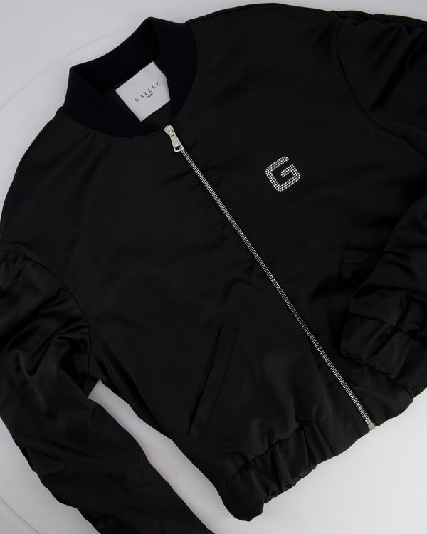 Gaëlle Paris Black Bomber Jacket with Raunched Sleeves and Crystal G Detail Size IT 42 (UK 10)