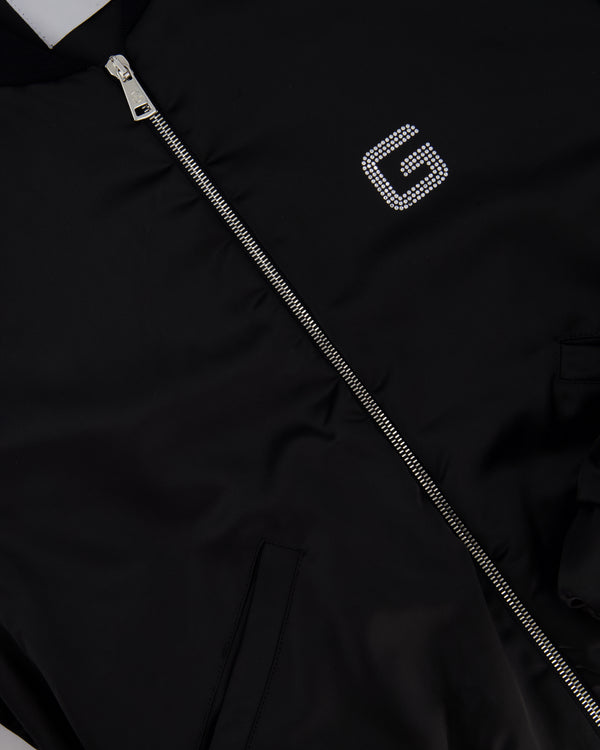 Gaëlle Paris Black Bomber Jacket with Raunched Sleeves and Crystal G Detail Size IT 42 (UK 10)