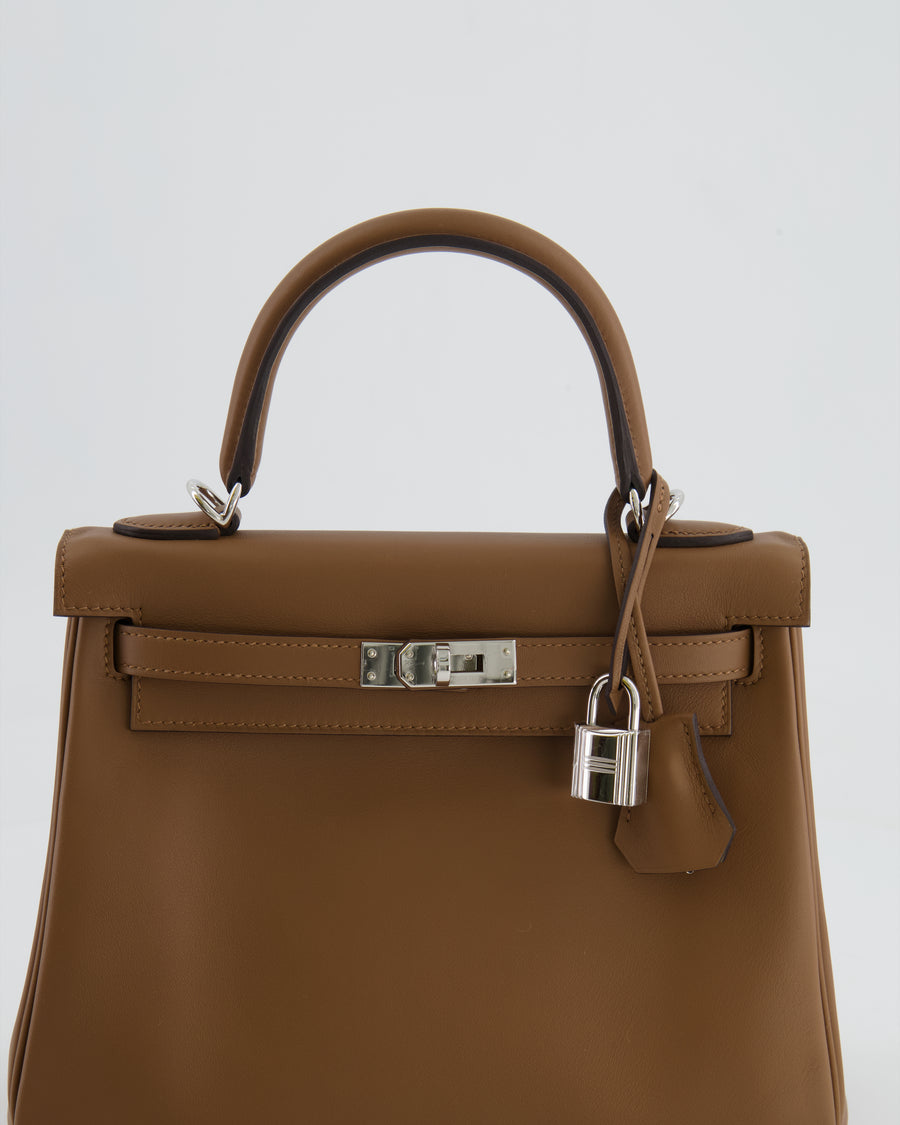 Hermès Kelly 25cm Retourne Verso Bag in Biscuit Swift Leather with Gris Tourterelle Interior and Palladium Hardware