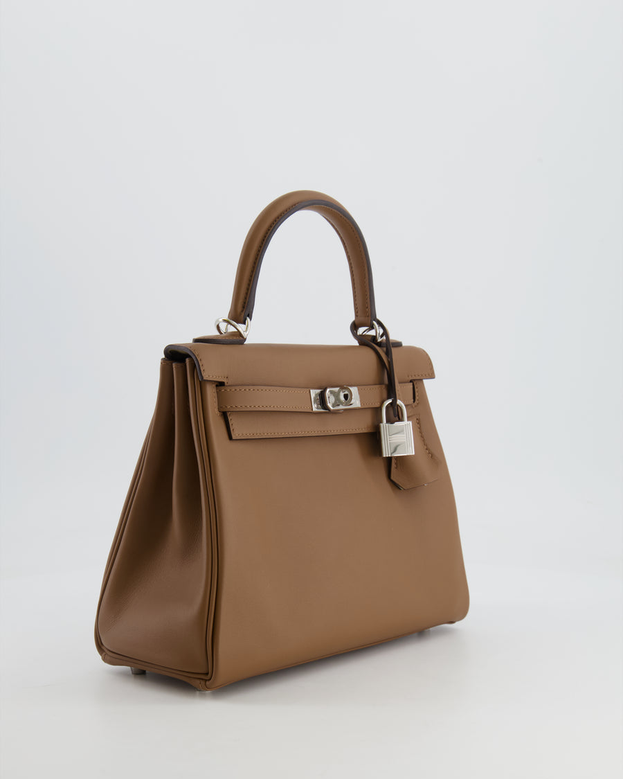 Hermès Kelly 25cm Retourne Verso Bag in Biscuit Swift Leather with Gris Tourterelle Interior and Palladium Hardware