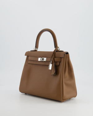 Hermès Kelly 25cm Retourne Verso Bag in Biscuit Swift Leather with Gris Tourterelle Interior and Palladium Hardware
