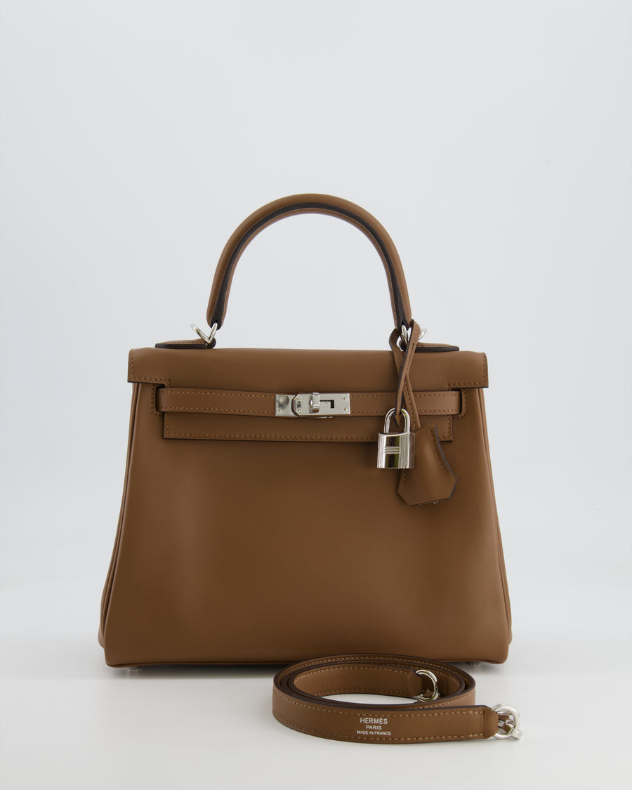 Hermès Kelly 25cm Retourne Verso Bag in Biscuit Swift Leather with Gris Tourterelle Interior and Palladium Hardware