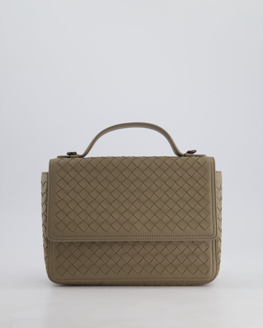 Bottega Veneta Grey Alumna Intrecciato Leather Handle Bag with Strap Detail
