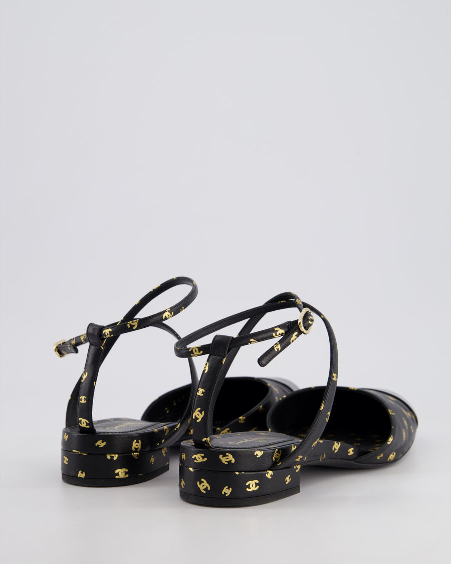 Chanel Black and Metallic Gold CC Logo Leather Flat Sandals Size EU 39.5