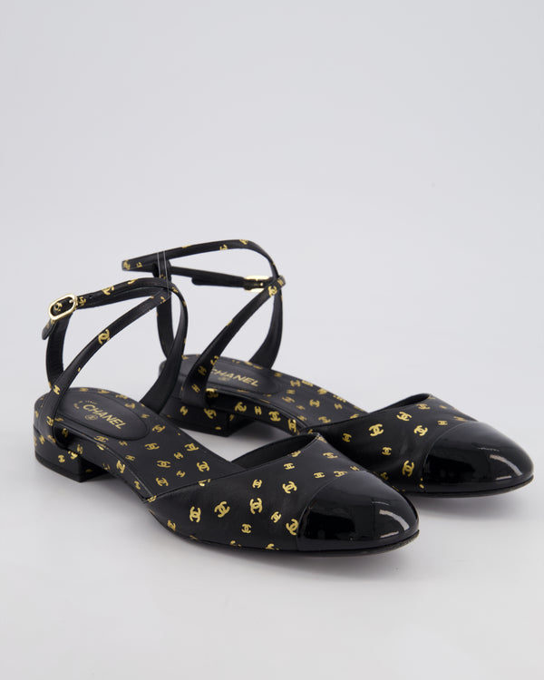 Chanel Black and Metallic Gold CC Logo Leather Flat Sandals Size EU 39.5