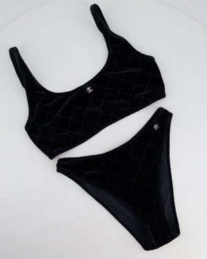Chanel Black Velvet Quilted Two Piece Swimsuit with Crystal CC Logo Details Size FR 36/38 (UK 8/10)
