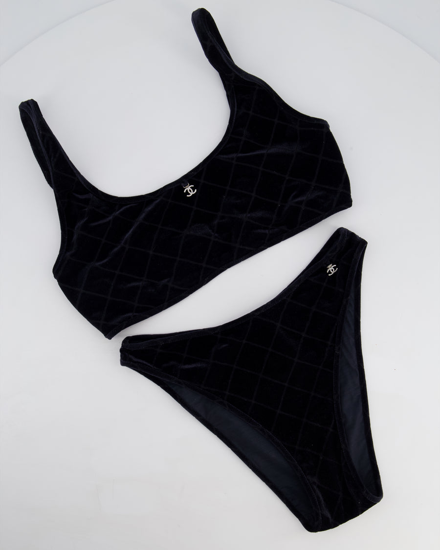 Chanel Black Velvet Quilted Two Piece Swimsuit with Crystal CC Logo Details Size FR 36/38 (UK 8/10)