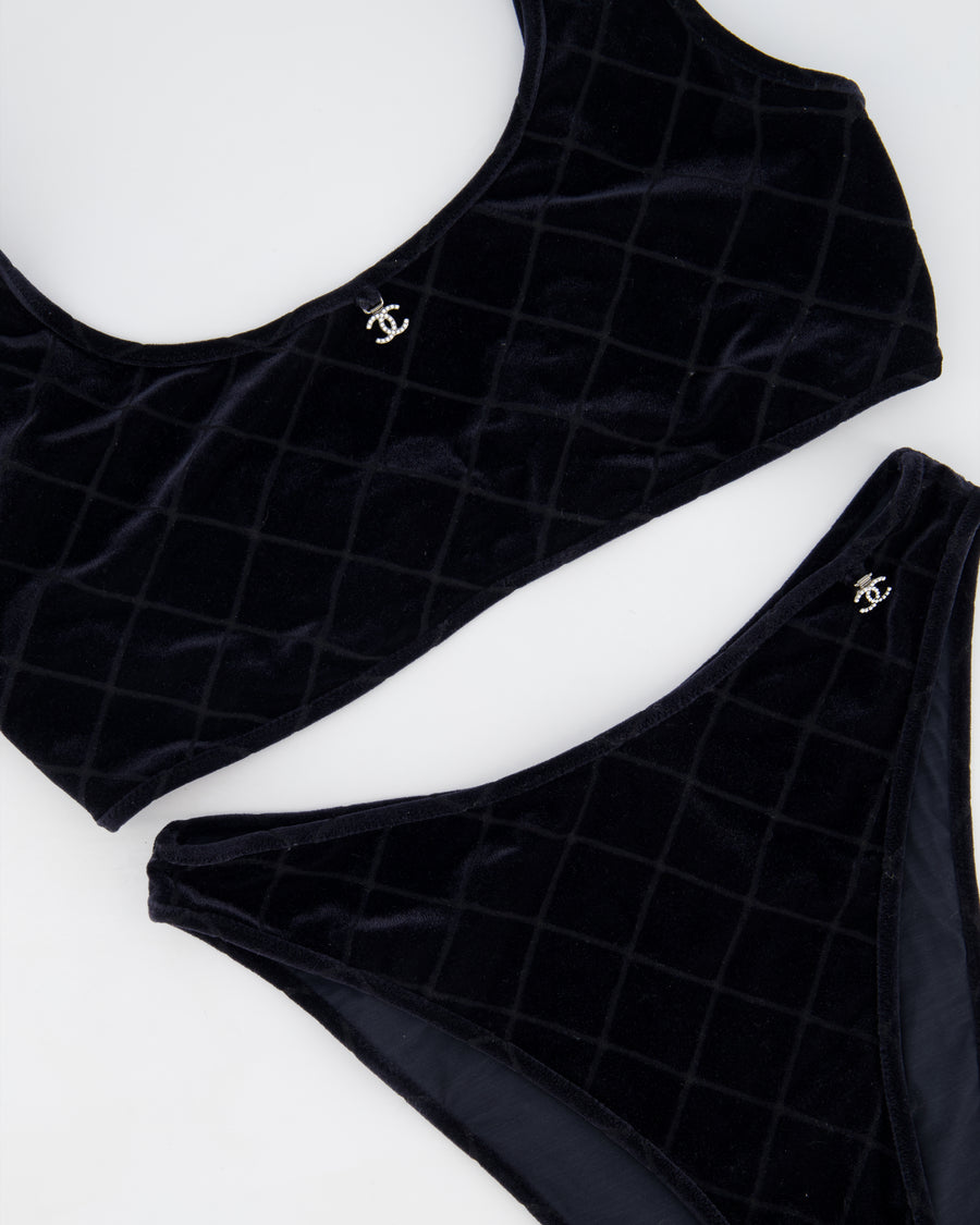 Chanel Black Velvet Quilted Two Piece Swimsuit with Crystal CC Logo Details Size FR 36/38 (UK 8/10)