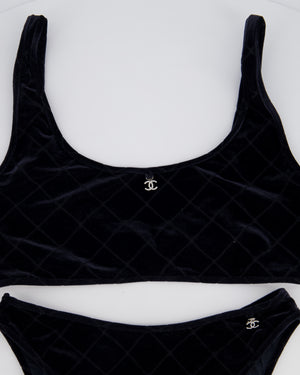 Chanel Black Velvet Quilted Two Piece Swimsuit with Crystal CC Logo Details Size FR 36/38 (UK 8/10)