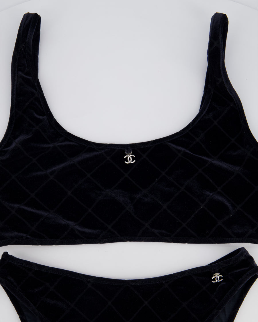 Chanel Black Velvet Quilted Two Piece Swimsuit with Crystal CC Logo Details Size FR 36/38 (UK 8/10)