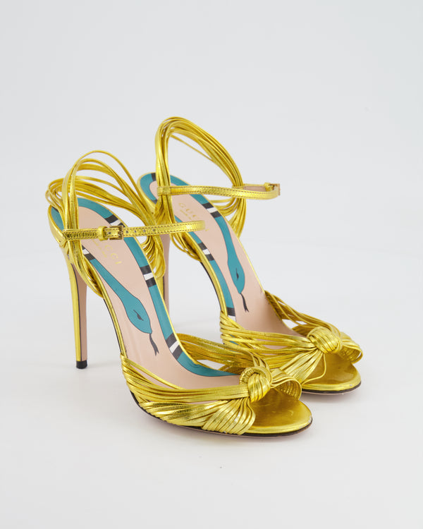 Gucci Metallic Gold Leather Allie Knotted Sandal Heels Size EU 38