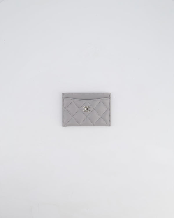 Chanel Light Grey Quilted Card-Holder in Lambskin Leather with Silver Hardware