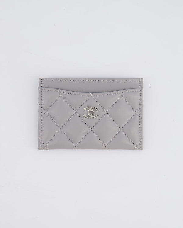 Chanel Light Grey Quilted Card-Holder in Lambskin Leather with Silver Hardware