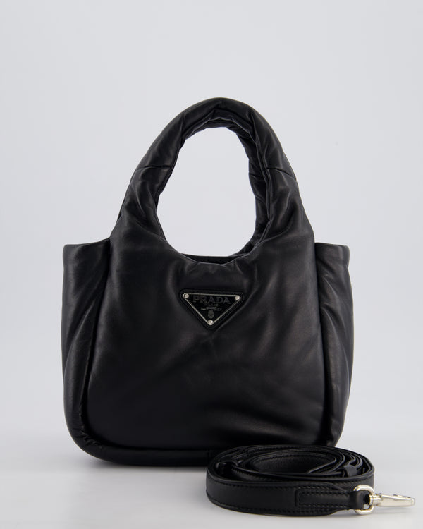 Prada Black Small Padded Leather Tote Bag with Silver Logo Plaque Detail