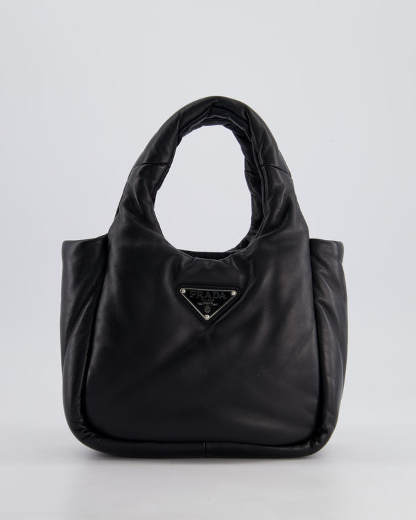 Prada Black Small Padded Leather Tote Bag with Silver Logo Plaque Detail