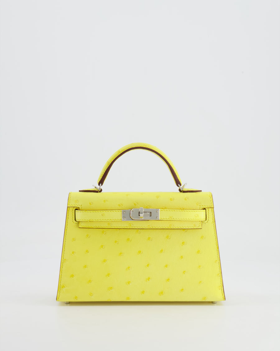 Hermès Mini Kelly II 20cm Bag in Jaune Citron Ostrich Leather with Palladium Hardware