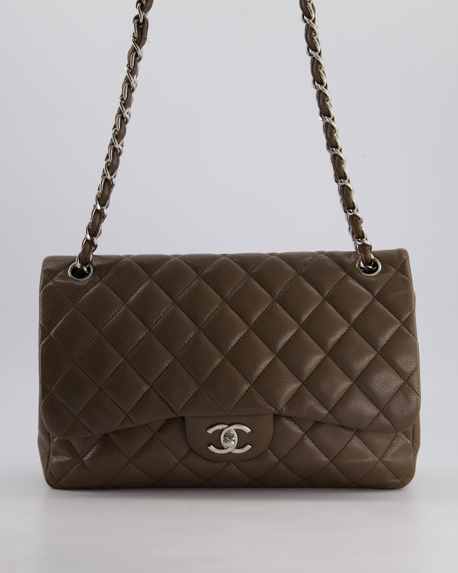 Chanel Khaki Brown Jumbo Classic Double Flap Bag in Caviar Leather with Silver Hardware