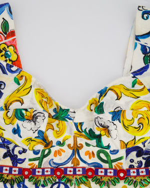 Dolce & Gabbana Yellow Majolica Mid Sleeve Embellished Midi Dress Size IT 40 (UK 8)