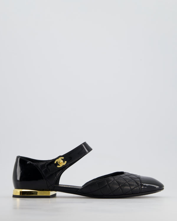 Chanel Black and Gold Metallic Leather Flat Shoes with Ankle Strap and CC Logo Clasp Size EU 39C