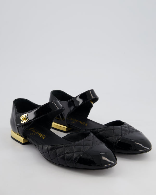 Chanel Black and Gold Metallic Leather Flat Shoes with Ankle Strap and CC Logo Clasp Size EU 39C
