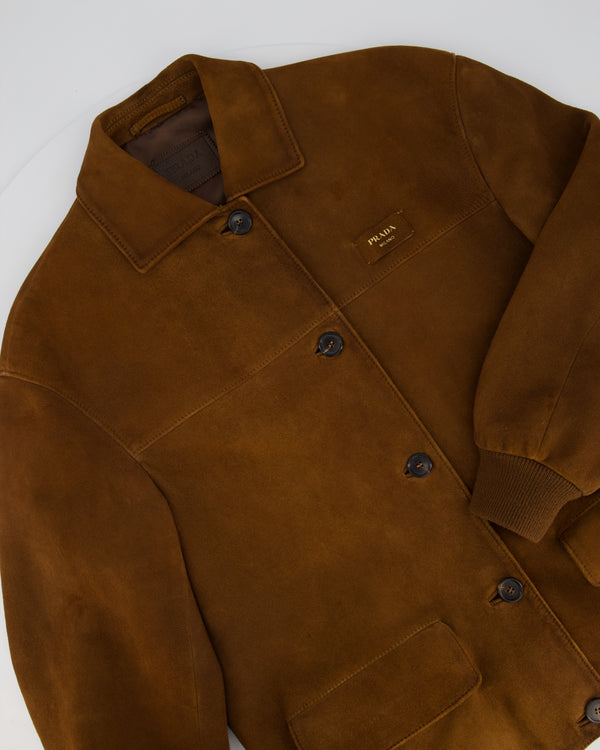 Prada Brown Suede Leather Long Sleeve Jacket with Logo Patch, Collar and Buttons Size IT 38 (UK 6) RRP £4,500