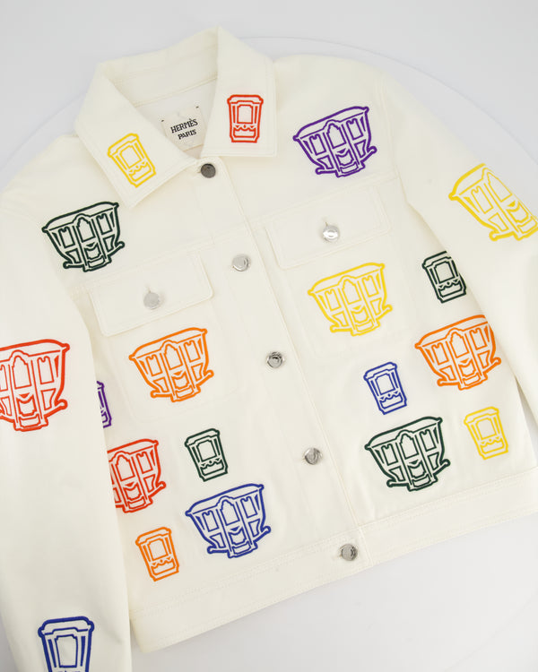 Hermès White Cotton Jacket with Multi-Colour Embroidered Stitching and Silver Logo Buttons Size FR 38 (UK 10)