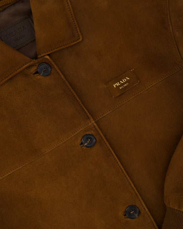 Prada Brown Suede Leather Long Sleeve Jacket with Logo Patch, Collar and Buttons Size IT 38 (UK 6) RRP £4,500
