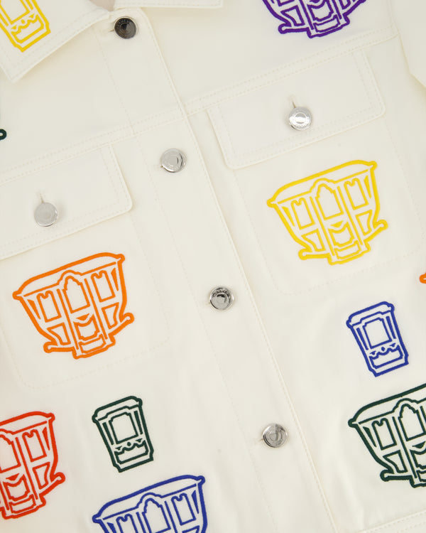 Hermès White Cotton Jacket with Multi-Colour Embroidered Stitching and Silver Logo Buttons Size FR 38 (UK 10)