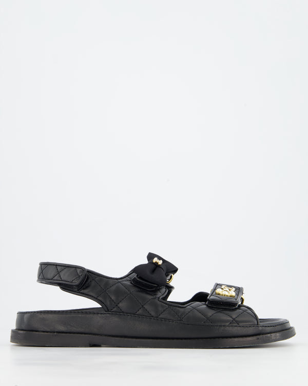 *RARE* Chanel Black Lambskin Leather Dad Sandals with Crystal CC Logo Charms Size EU 39.5
