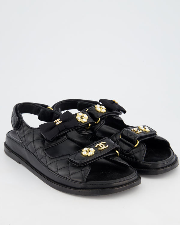 *RARE* Chanel Black Lambskin Leather Dad Sandals with Crystal CC Logo Charms Size EU 39.5