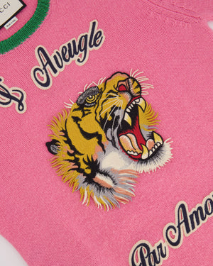 Gucci Pink L'Aveugle Par Amour Tiger Wool Knit Long Sleeve Jumper Size M (UK 10)