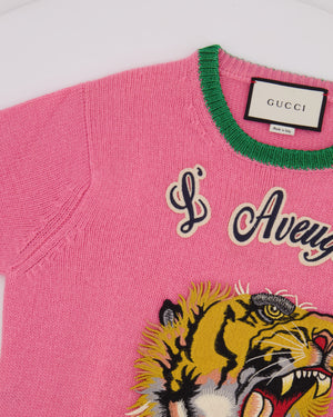 Gucci Pink L'Aveugle Par Amour Tiger Wool Knit Long Sleeve Jumper Size M (UK 10)
