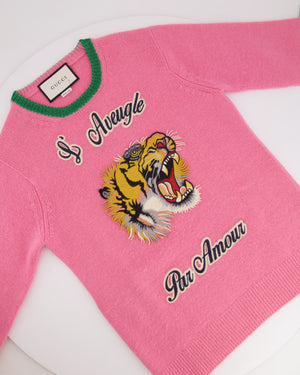 Gucci Pink L'Aveugle Par Amour Tiger Wool Knit Long Sleeve Jumper Size M (UK 10)