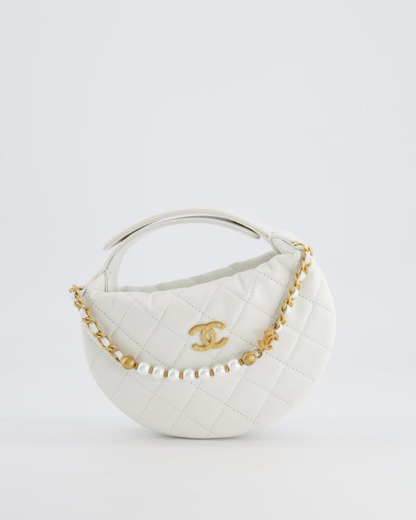 *CURRENT SEASON* Chanel White Small Pouch Bag in Caviar Leather with Pearls and Brushed Gold Hardware
