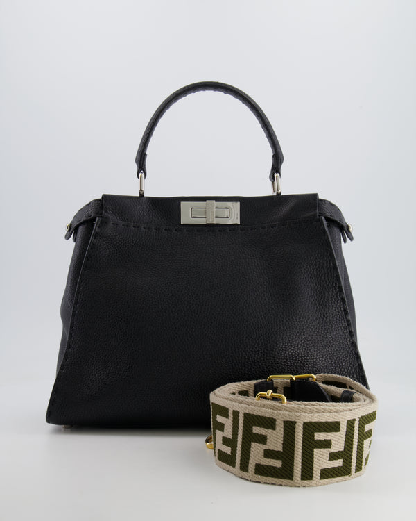 Fendi Black Leather Medium Peekaboo Bag with FF Canvas Strap and Silver Hardware RRP £4,300