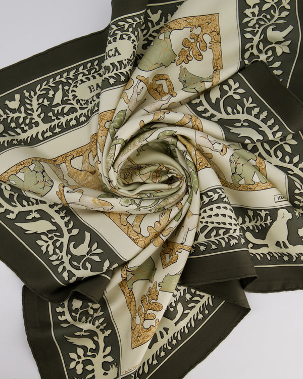 Hermès Vintage 'Early America' Green & Beige Animal Printed 90x90 Silk Scarf