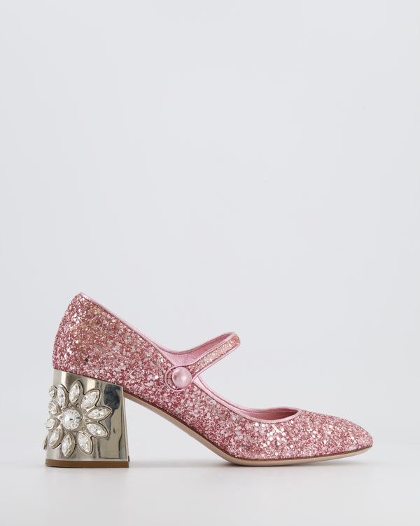 Miu Miu Pink Sequin Mary Jane Shoes with Crystal Embellished Heel EU 36