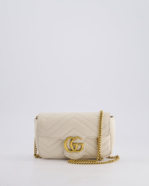 Gucci White GG Marmont Calfskin Mini Cross Body Bag with Gold Chain Detail and Gold Hardware