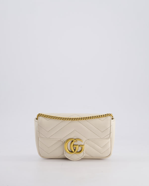 Gucci White GG Marmont Calfskin Mini Cross Body Bag with Gold Chain Detail and Gold Hardware