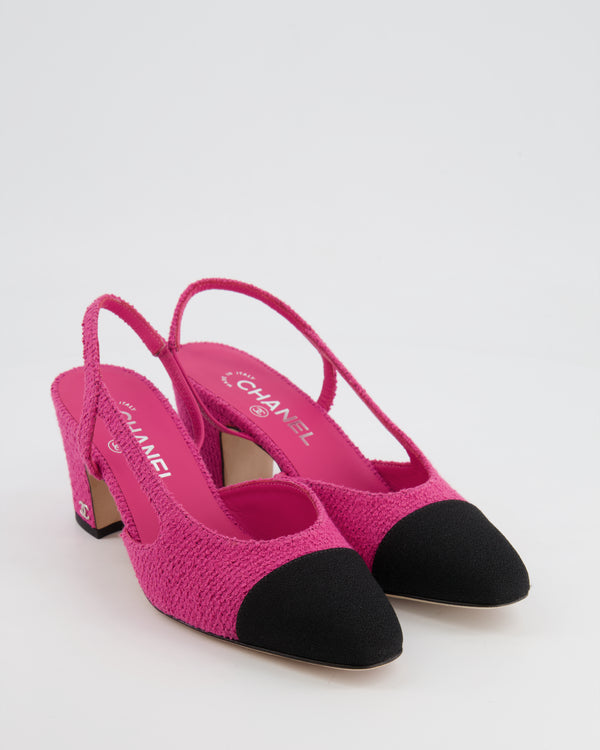 Chanel Raspberry Pink and Black Tweed Slingback Shoes with Silver CC Logo Detail Size 37.5