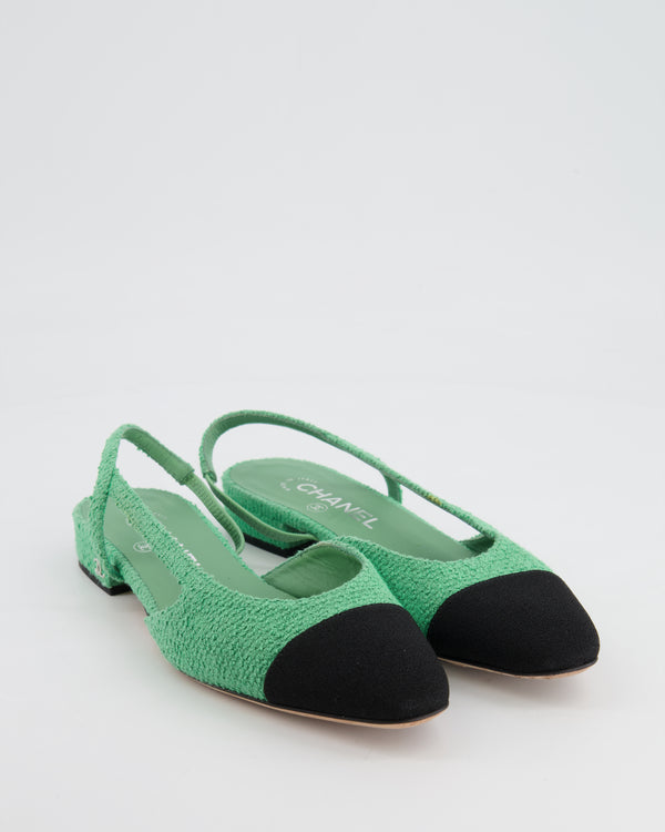 Chanel Pistachio Green Tweed Flat Slingback Shoes with Silver CC Detail Size 37