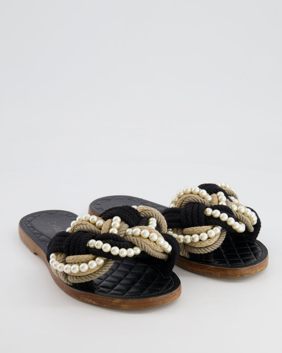 Chanel Black and Beige Rope Flat Mules with Pearl Details Size 37C