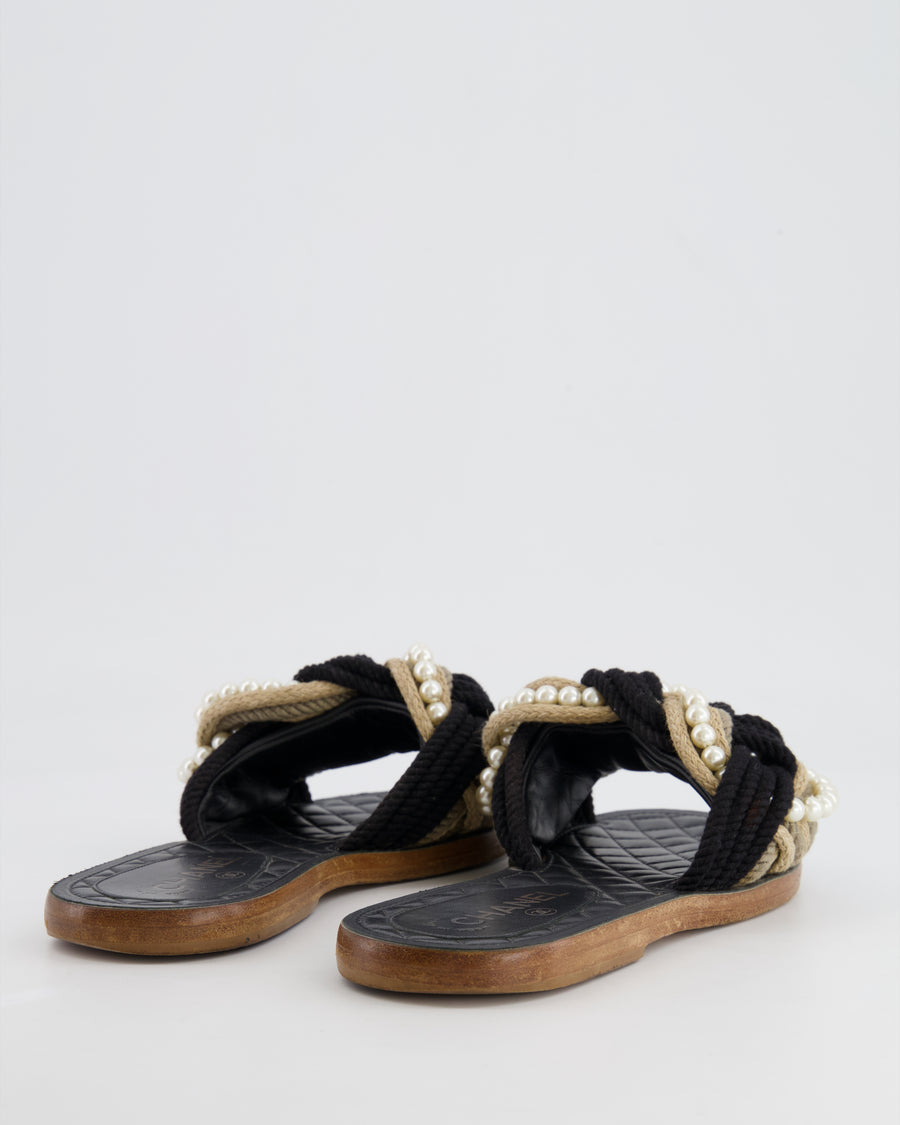 Chanel Black and Beige Rope Flat Mules with Pearl Details Size 37C